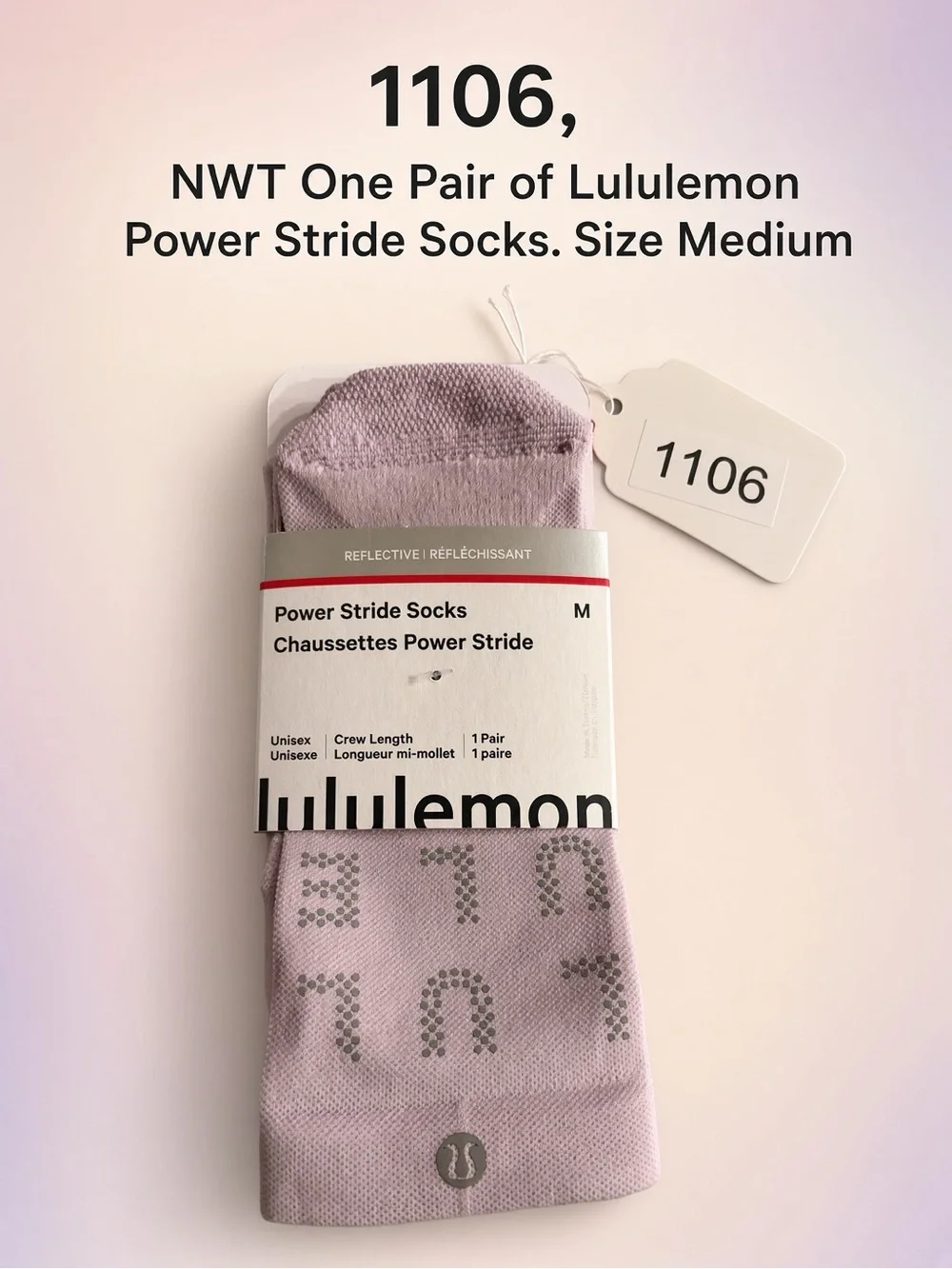 1106, Authentic lululemon Power Stride Crew Socks - Light Lavender. Medium Size